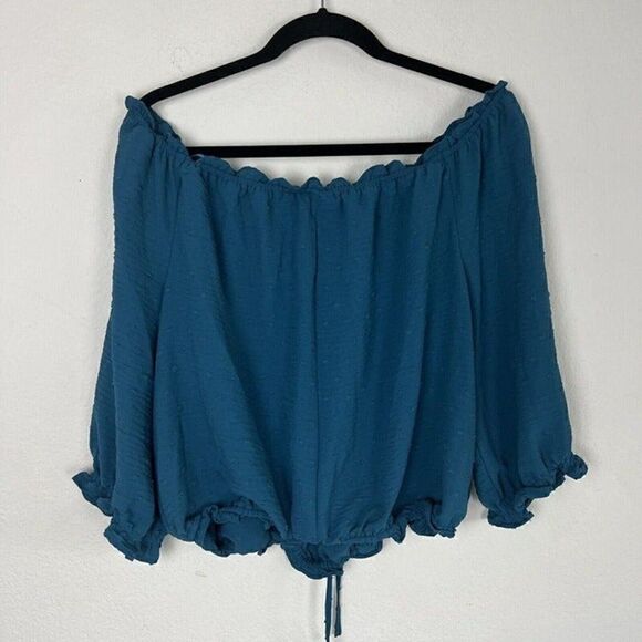 Lane Bryant Plus Size 18/20 Classic Sleeve Off-The-Shoulder Teal Top Swiss Dot - Picture 3 of 12